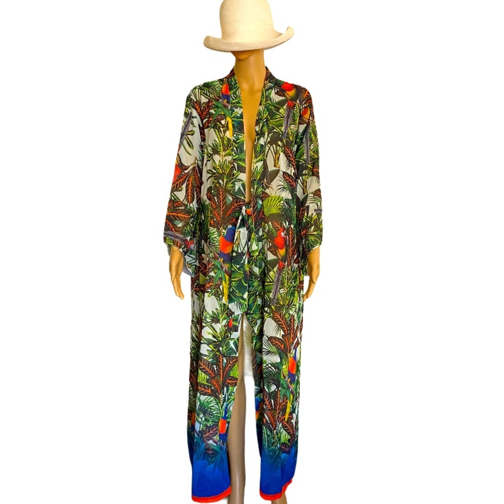 NWT Tropical Parrots Long Chiffon Kimono Robe Cover-Up Size M